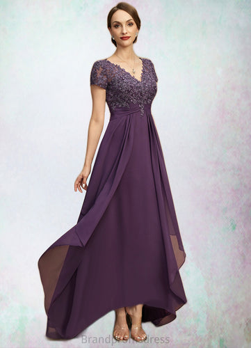 Piper A-line V-Neck Asymmetrical Chiffon Lace Mother of the Bride Dress With Cascading Ruffles XXC126P0021899