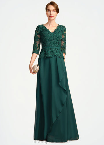 Quinn A-line V-Neck Floor-Length Chiffon Lace Mother of the Bride Dress With Cascading Ruffles Sequins XXC126P0021934