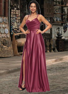 Emelia A-line V-Neck Floor-Length Satin Prom Dresses XXCP0022197