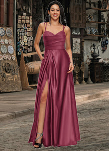 Emelia A-line V-Neck Floor-Length Satin Prom Dresses XXCP0022197