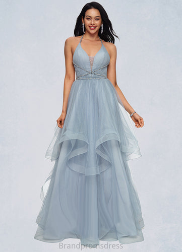 Yvonne Ball-Gown/Princess Halter V-Neck Floor-Length Tulle Prom Dresses With Beading Rhinestone Sequins XXCP0022199