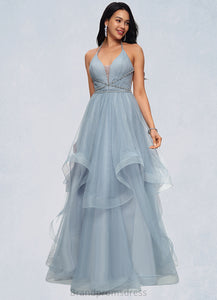 Yvonne Ball-Gown/Princess Halter V-Neck Floor-Length Tulle Prom Dresses With Beading Rhinestone Sequins XXCP0022199