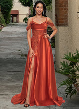 Load image into Gallery viewer, Tiffany A-line Off the Shoulder Sweep Train Satin Prom Dresses With Rhinestone XXCP0022208