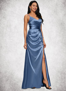 Deanna Sheath/Column V-Neck Floor-Length Stretch Satin Prom Dresses With Pleated XXCP0022214