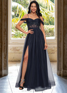 Maureen Ball-Gown/Princess Off the Shoulder Floor-Length Tulle Prom Dresses With Appliques Lace Sequins XXCP0022221