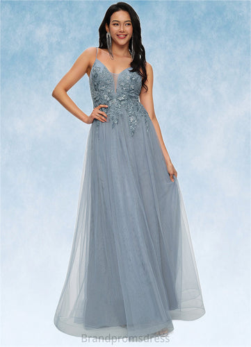 Mikaela A-line V-Neck Floor-Length Tulle Prom Dresses With Appliques Lace Sequins XXCP0022223