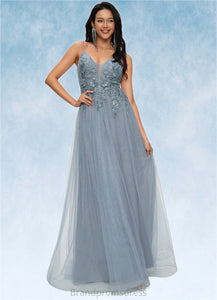 Mikaela A-line V-Neck Floor-Length Tulle Prom Dresses With Appliques Lace Sequins XXCP0022223