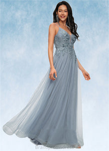 Mikaela A-line V-Neck Floor-Length Tulle Prom Dresses With Appliques Lace Sequins XXCP0022223