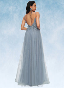 Mikaela A-line V-Neck Floor-Length Tulle Prom Dresses With Appliques Lace Sequins XXCP0022223