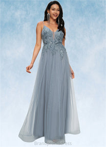 Mikaela A-line V-Neck Floor-Length Tulle Prom Dresses With Appliques Lace Sequins XXCP0022223