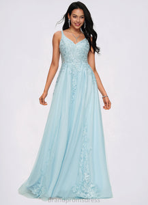 Eva A-line V-Neck Floor-Length Tulle Prom Dresses With Rhinestone Appliques Lace Sequins XXCP0022225