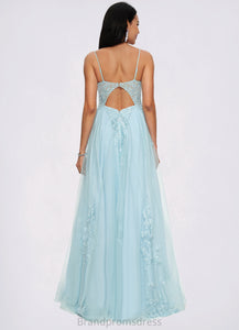 Eva A-line V-Neck Floor-Length Tulle Prom Dresses With Rhinestone Appliques Lace Sequins XXCP0022225