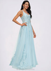 Eva A-line V-Neck Floor-Length Tulle Prom Dresses With Rhinestone Appliques Lace Sequins XXCP0022225