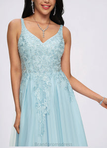 Eva A-line V-Neck Floor-Length Tulle Prom Dresses With Rhinestone Appliques Lace Sequins XXCP0022225