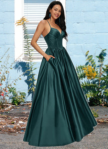 Tess Ball-Gown/Princess V-Neck Floor-Length Satin Prom Dresses With Pleated XXCP0022230