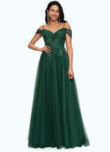 Load image into Gallery viewer, Zion A-line Off the Shoulder Floor-Length Tulle Prom Dresses With Appliques Lace Sequins XXCP0022231