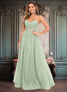 Mariela Ball-Gown/Princess V-Neck Floor-Length Tulle Prom Dresses With Sequins Appliques Lace XXCP0025837