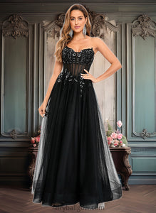 Mariela Ball-Gown/Princess V-Neck Floor-Length Tulle Prom Dresses With Sequins Appliques Lace XXCP0025837