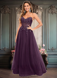 Mariela Ball-Gown/Princess V-Neck Floor-Length Tulle Prom Dresses With Sequins Appliques Lace XXCP0025837