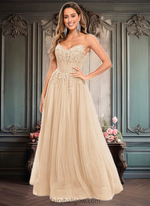 Mariela Ball-Gown/Princess V-Neck Floor-Length Tulle Prom Dresses With Sequins Appliques Lace XXCP0025837