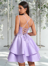 Load image into Gallery viewer, Addisyn A-line V-Neck Short Satin Homecoming Dress With Appliques Lace XXCP0025692