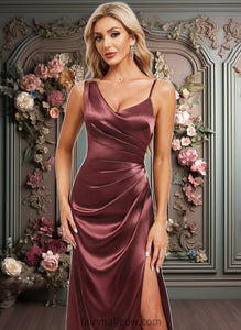 Joy A-line Asymmetrical Floor-Length Stretch Satin Bridesmaid Dress XXCP0025828