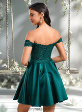 Load image into Gallery viewer, Mylee A-line Off the Shoulder Short Lace Satin Homecoming Dress With Rhinestone XXCP0025718