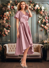 Load image into Gallery viewer, Sarah A-line V-Neck Asymmetrical Stretch Satin Bridesmaid Dress XXCP0025752