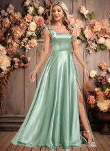 Load image into Gallery viewer, Seraphina A-line Square Floor-Length Stretch Satin Bridesmaid Dress With Bow XXCP0025788