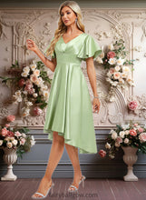 Load image into Gallery viewer, Chasity A-line V-Neck Asymmetrical Satin Bridesmaid Dress With Ruffle XXCP0025776