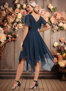 Tamia A-line V-Neck Asymmetrical Chiffon Bridesmaid Dress With Ruffle XXCP0025804