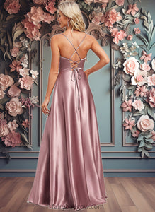 Aliza A-line V-Neck Floor-Length Stretch Satin Bridesmaid Dress XXCP0025822