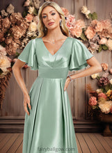 Load image into Gallery viewer, Cassandra A-line V-Neck Asymmetrical Stretch Satin Bridesmaid Dress With Ruffle XXCP0025772