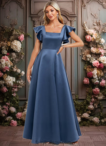 Evangeline A-line Square Floor-Length Satin Bridesmaid Dress With Ruffle XXCP0025774