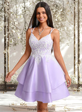 Load image into Gallery viewer, Nevaeh A-line V-Neck Short Satin Homecoming Dress With Appliques Lace XXCP0025696