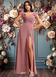 Abbey A-line V-Neck Floor-Length Chiffon Bridesmaid Dress With Ruffle XXCP0025751