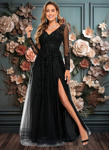 Laila A-line V-Neck Floor-Length Tulle Prom Dresses With Sequins Appliques Lace Beading XXCP0025834