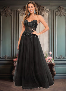 Mariela Ball-Gown/Princess V-Neck Floor-Length Tulle Prom Dresses With Sequins Appliques Lace XXCP0025837