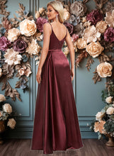 Load image into Gallery viewer, Sydnee A-line V-Neck Floor-Length Stretch Satin Bridesmaid Dress With Ruffle XXCP0025785