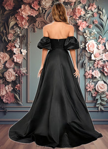 Maureen A-line V-Neck Sweep Train Satin Prom Dresses XXCP0025842