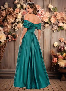 Kailey A-line Off the Shoulder Floor-Length Satin Prom Dresses With Pleated XXCP0025851