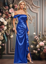 Load image into Gallery viewer, Melanie Trumpet/Mermaid Off the Shoulder Floor-Length Stretch Satin Bridesmaid Dress With Ruffle XXCP0025800