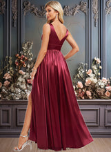 Load image into Gallery viewer, Quinn A-line V-Neck Floor-Length Stretch Satin Bridesmaid Dress XXCP0025771