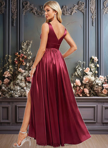 Quinn A-line V-Neck Floor-Length Stretch Satin Bridesmaid Dress XXCP0025771