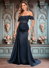 Load image into Gallery viewer, Lauryn Trumpet/Mermaid Off the Shoulder Sweep Train Satin Prom Dresses With Sequins Appliques Lace XXCP0025835