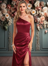 Load image into Gallery viewer, Jemima A-line One Shoulder Floor-Length Stretch Satin Bridesmaid Dress With Bow XXCP0025758