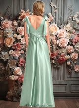 Load image into Gallery viewer, Dahlia A-line V-Neck Floor-Length Stretch Satin Bridesmaid Dress With Bow XXCP0025737