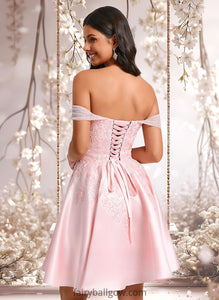 Sylvia A-line Off the Shoulder Short Satin Homecoming Dress With Rhinestone Beading Appliques Lace XXCP0025679