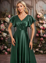 Load image into Gallery viewer, Abigayle A-line V-Neck Floor-Length Stretch Satin Bridesmaid Dress With Ruffle XXCP0025773