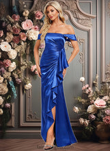 Load image into Gallery viewer, Melanie Trumpet/Mermaid Off the Shoulder Floor-Length Stretch Satin Bridesmaid Dress With Ruffle XXCP0025800